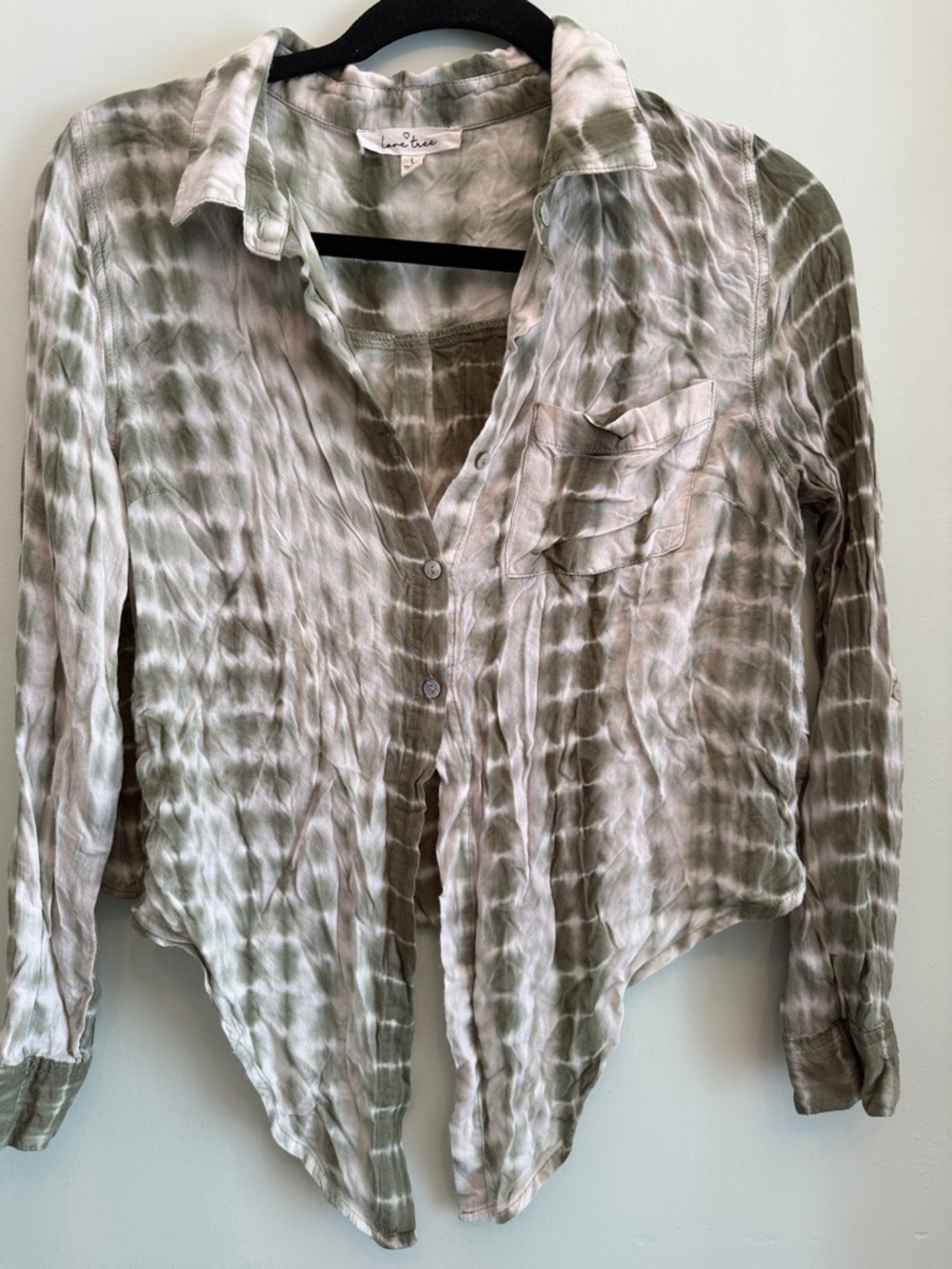 Love Tree Olive and White Tie-Dye Button-Down Shirt